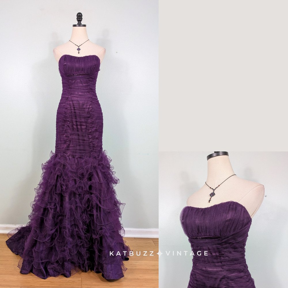 Prom Dress Maxi Gown 4 Purple Mermaid Ruffle Tulle Glam Y2K Princess Strapless